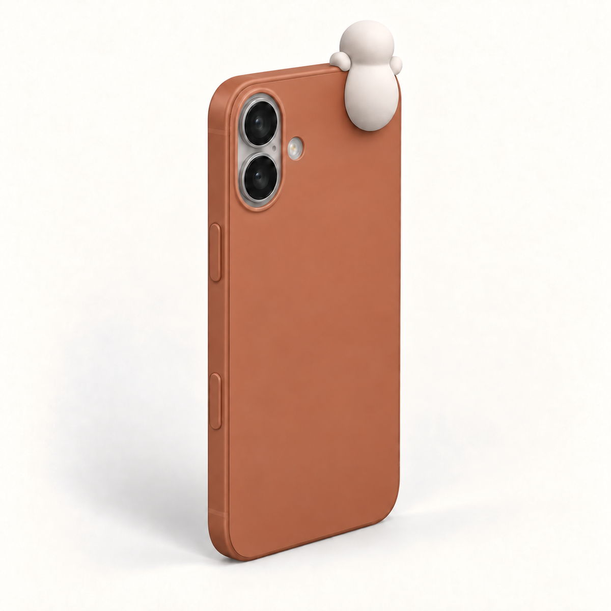 The Case in the Clay colourway, a matte terracotta phone case with a Corbie peeking over its top corner.