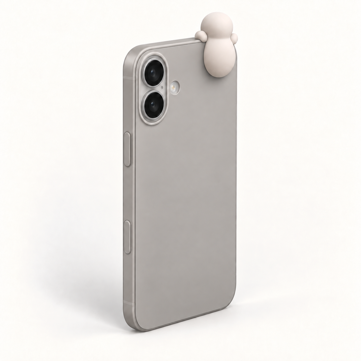 The Case in the Stone colourway, a matte grey phone case with a Corbie peeking over its top corner.