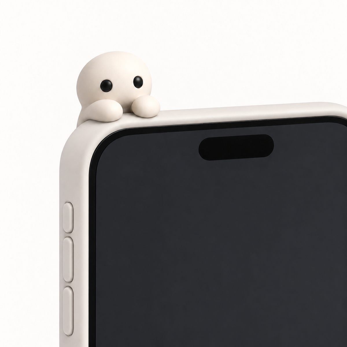 A Corbie sits in the seat on the top corner of a phone case, arms over the front edge, peeking over the top at the owner.