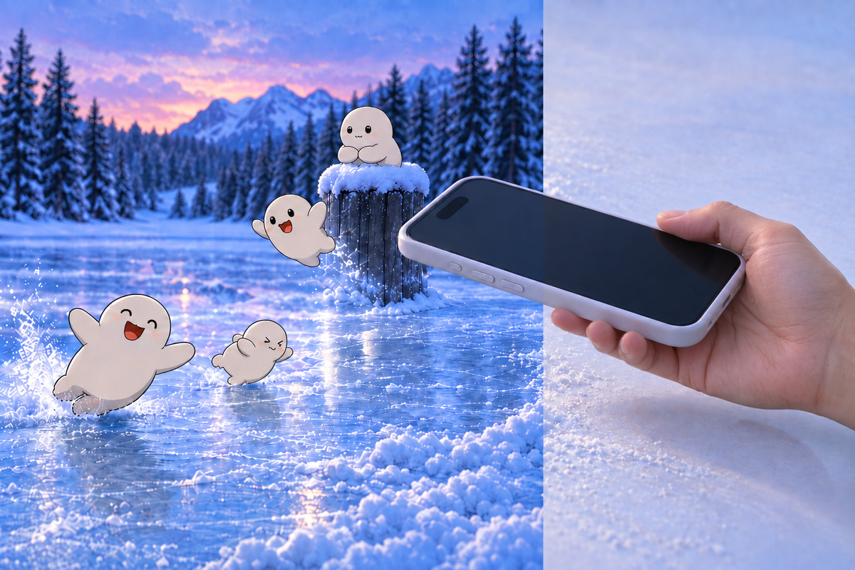 A hand holds a phone at the edge of a frozen lake at dusk; three Corbies play on the ice and one has just jumped off the phone's corner to join them.