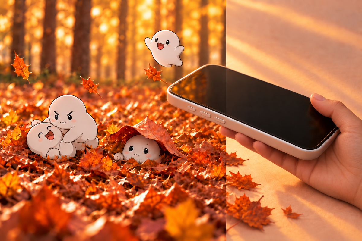 A hand holds a phone at the edge of an autumn wood; three Corbies play in the leaves and one has just jumped off the phone's corner to join them.