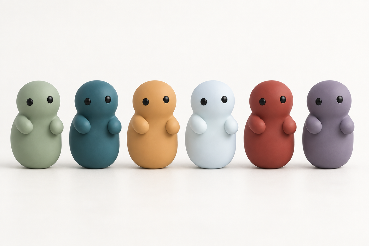 Corbie Series 02, six figures standing in a row on a pale ground, left to right in Meadow green, Reef teal, Leaves amber, Ice white, Ember red and Dusk violet.